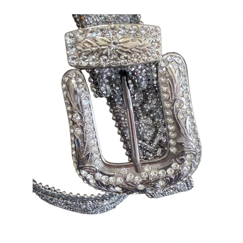Womens Silver Rhinestone Western Belt Genuine Leather Crystal Buckle M/L 6529